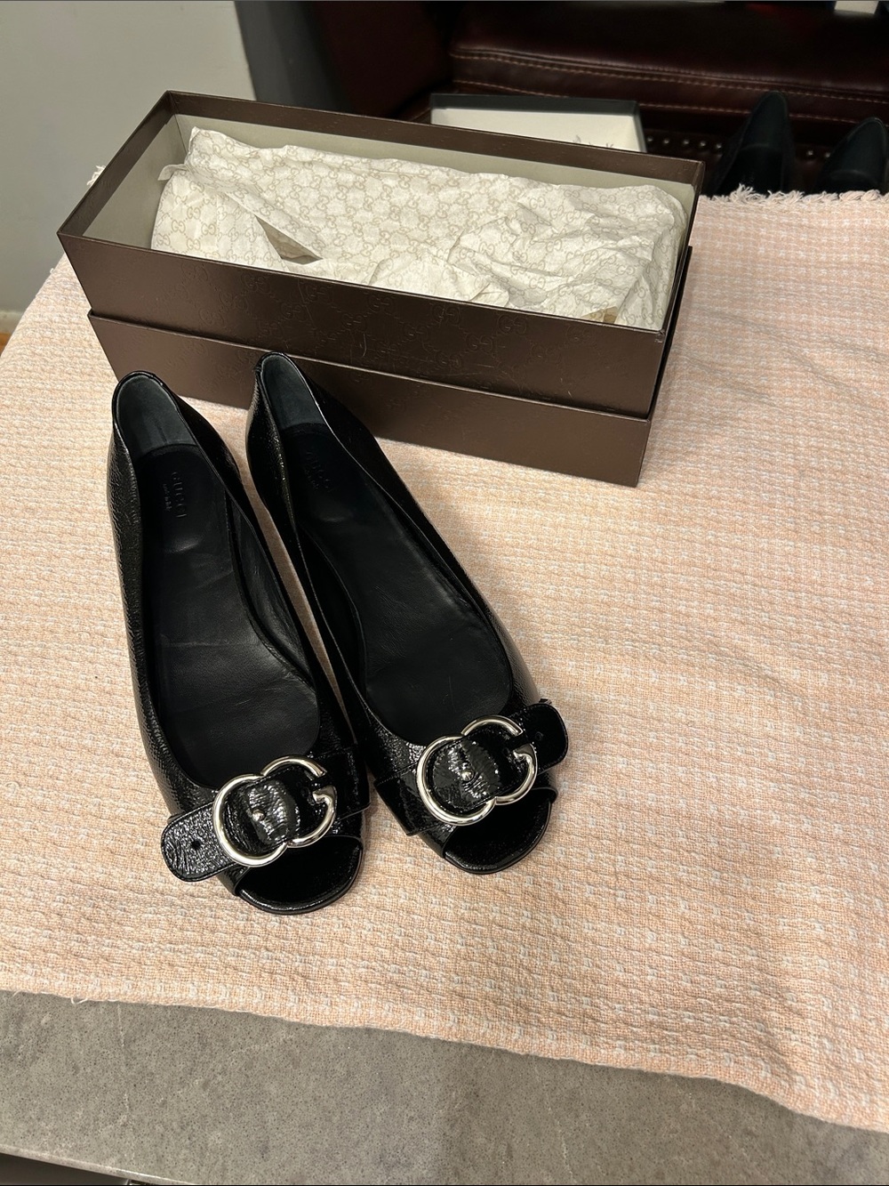 Gucci Black Leather Peep-Toe Flats with Silver Double G Buckle